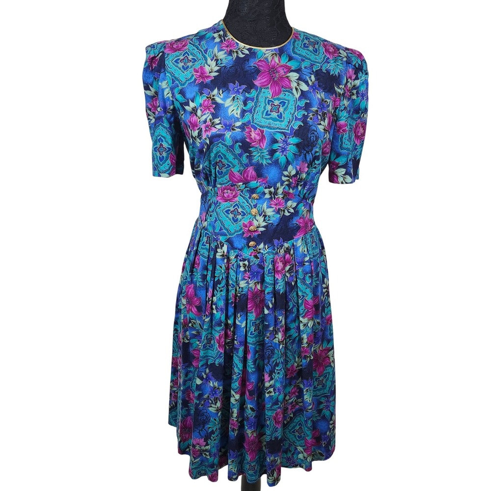 Vintage Miss Dorby Floral Midi Dress‎ Cottagecore 80s Blue Purple Puff Sleeve